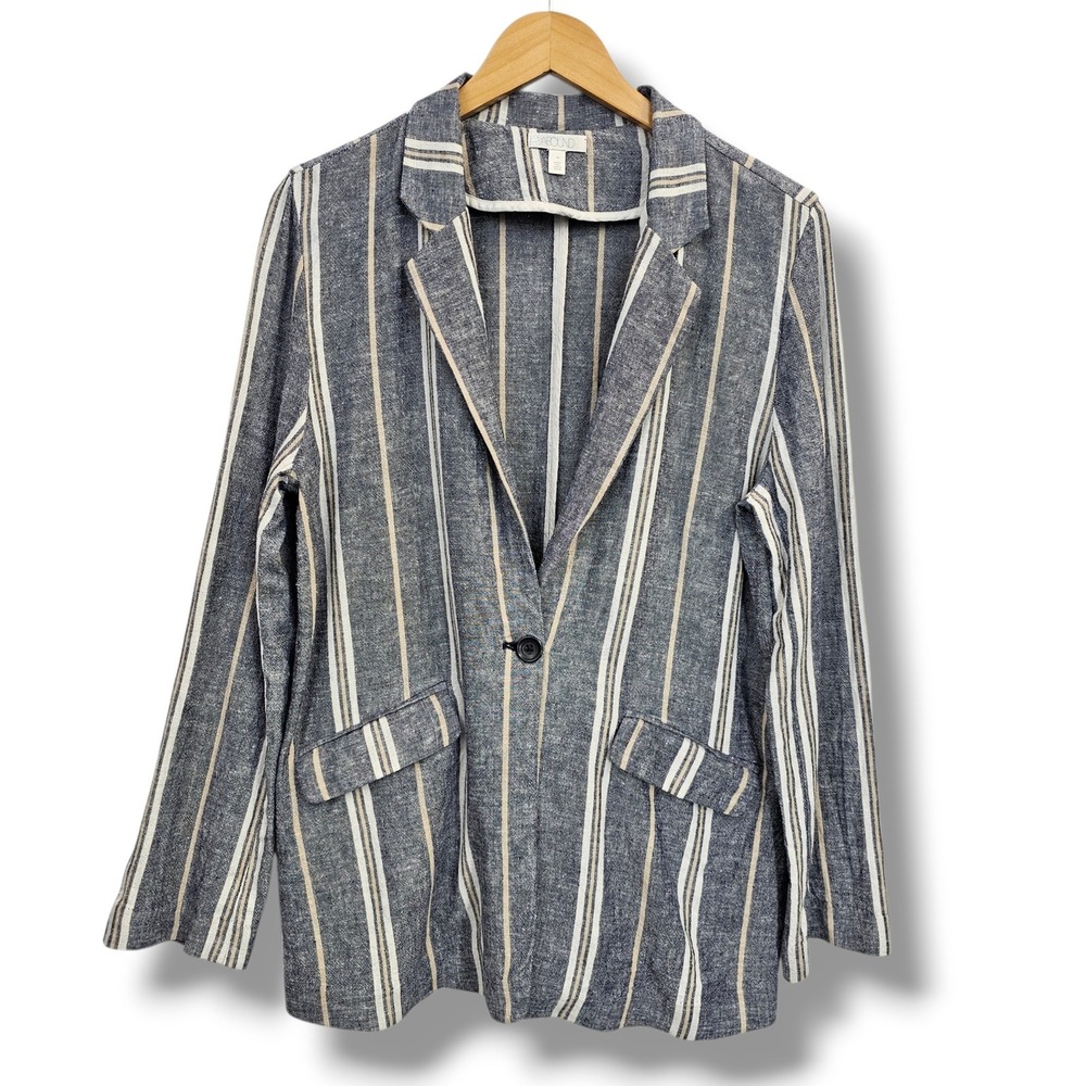 Abound Linen Blazer Size M Womens Blue Striped Single Button Lightweight Preppy